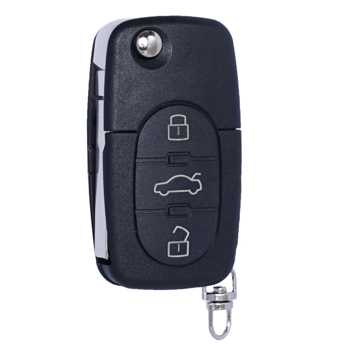 MechanMagic front view key fob showing buttons and flip blade, clear replacement benefit