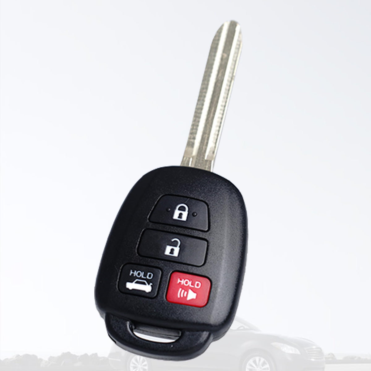 MechanMagic fob beside Toyota Camry trunk illustrating seamless vehicle integration benefit