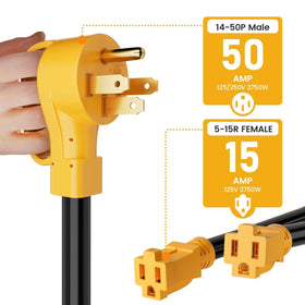 MECMO close-up of NEMA 14-50P prongs and molded housing for reliable connection