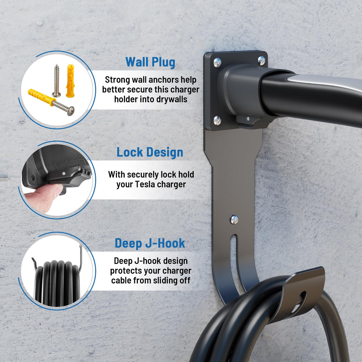 MECMO deep J-hook side profile supporting heavy cables without sagging