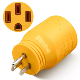MECMO adapter front view showing plug and RV receptacle, clear connector benefit