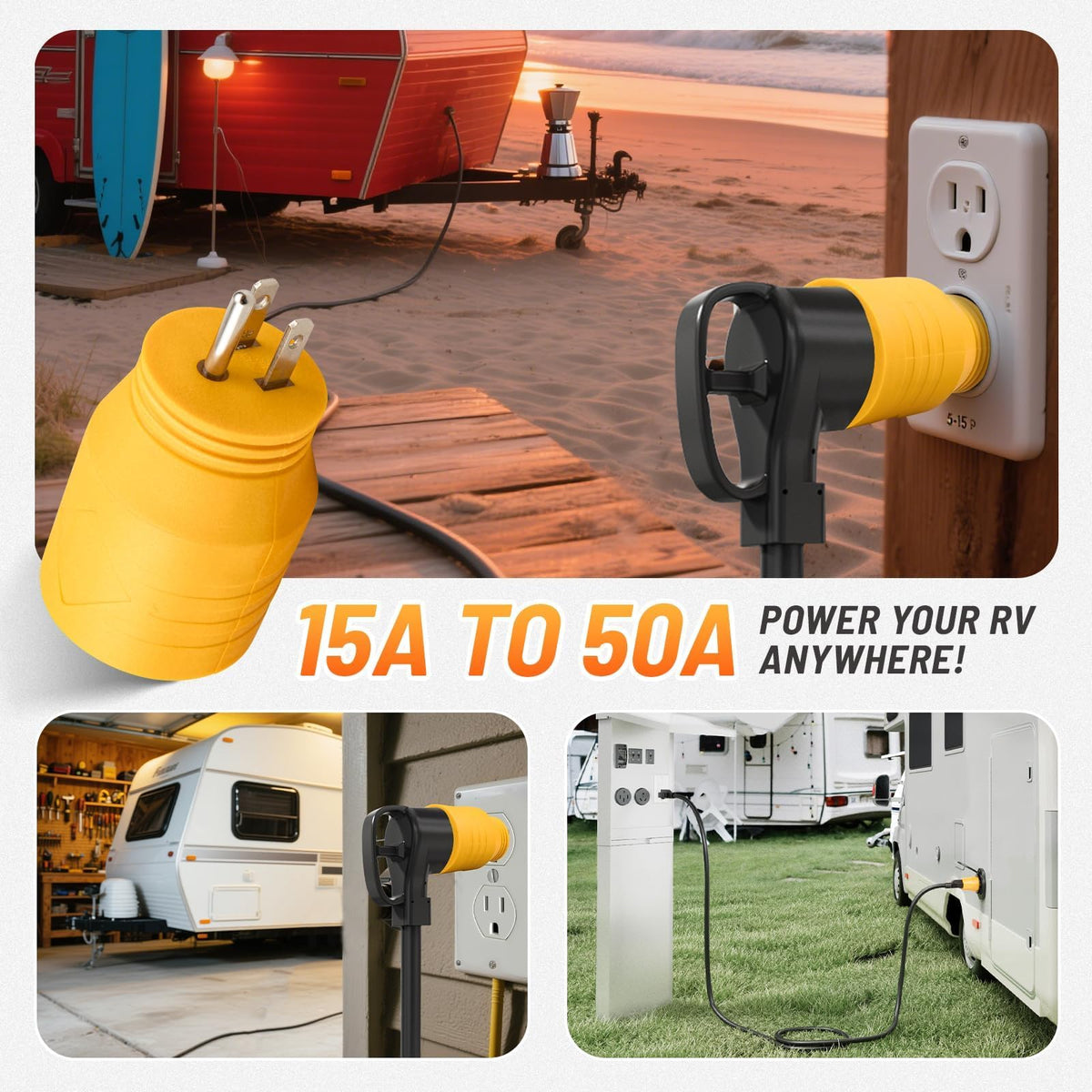 MECMO adapter plugged between RV and campsite outlet, provides temporary power