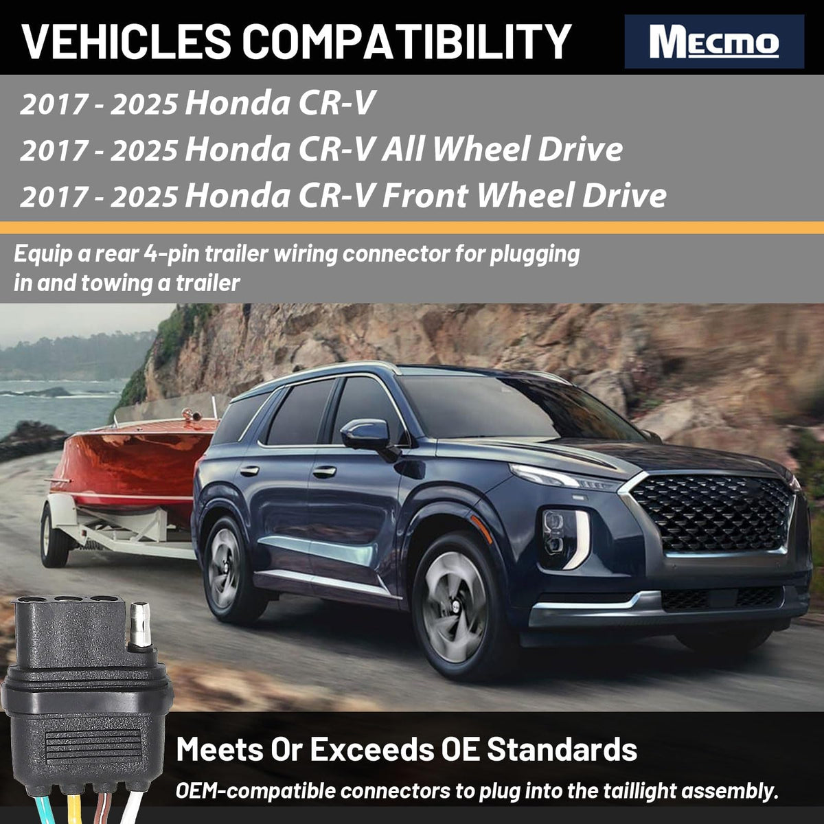 MECMO T-connector plug detail demonstrating secure vehicle-side fit benefit