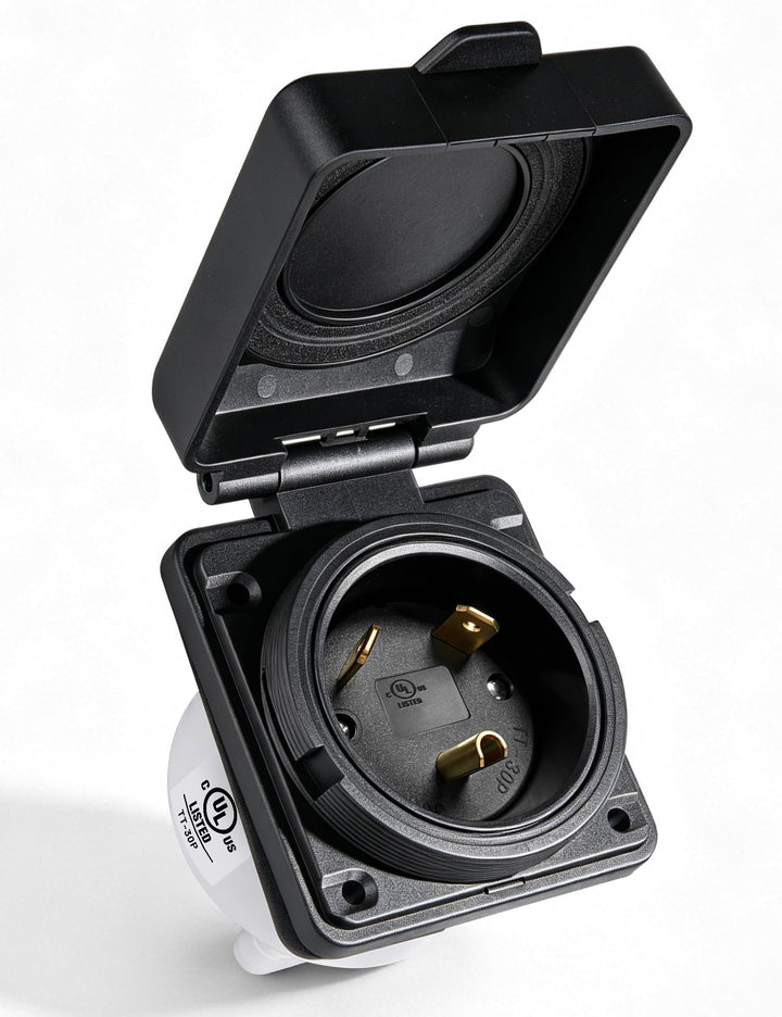 MECMO front view of TT-30P inlet showing weatherproof cover and clean fit