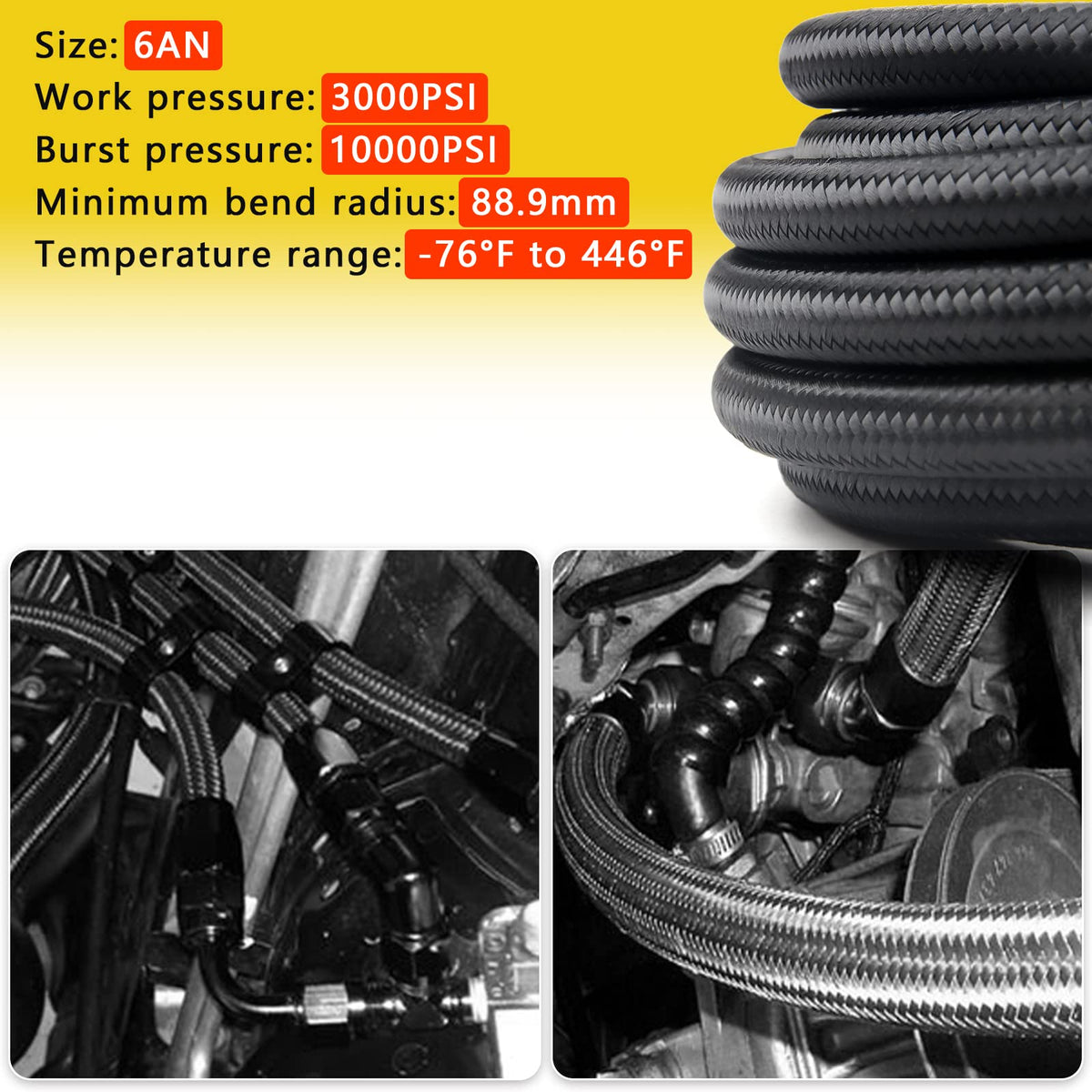 Medoon assembled hose routed in engine bay, illustrating neat, secure fitment benefit