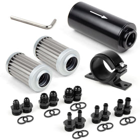 Medoon front view of inline fuel filter showing housing and flow arrow, durable finish benefit