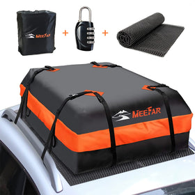 MeeFar rooftop bag on car at night shedding water showing weatherproof protection