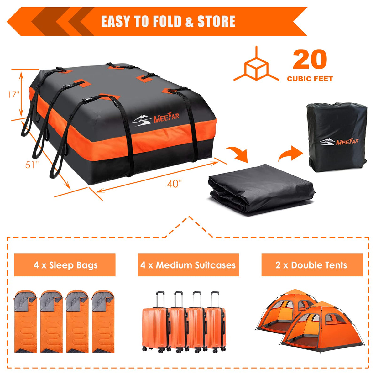 MeeFar rooftop bag next to suitcases illustrating 20 cubic feet capacity