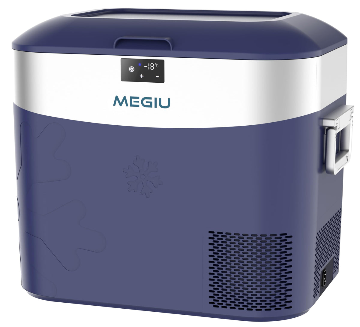 Megiu front view of blue portable fridge showing compact design and portability
