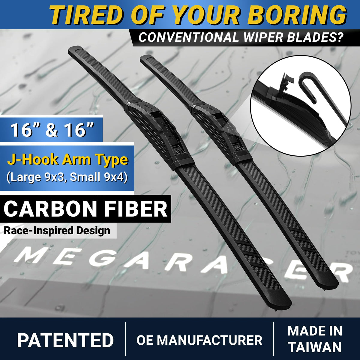 Mega Racer silicone wiping edge close-up demonstrating quiet, streak-free performance