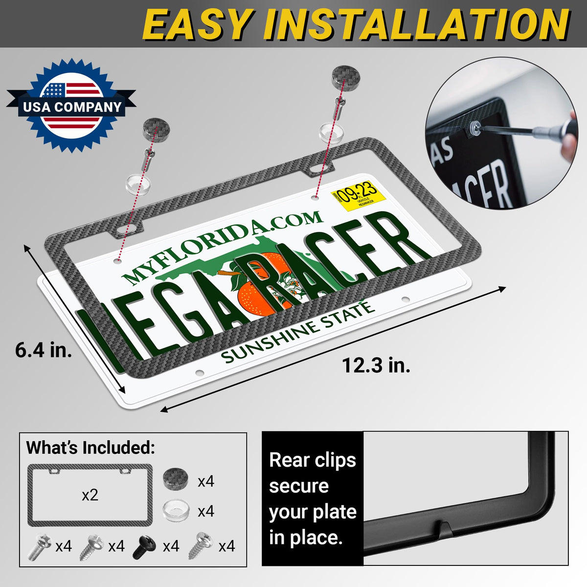 Mega Racer frame on sedan front license demonstrating street-legal visibility