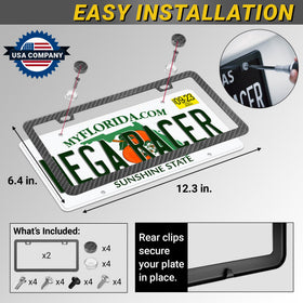 Mega Racer frame on sedan front license demonstrating street-legal visibility