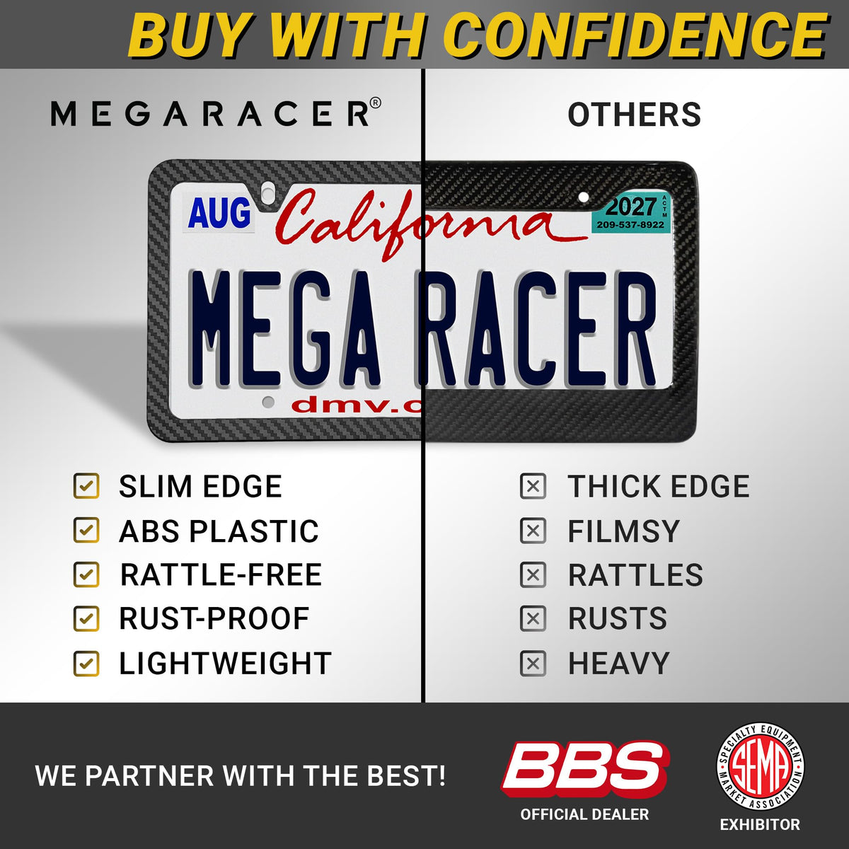 Mega Racer thin top edge profile protecting plate visibility and preventing scratches