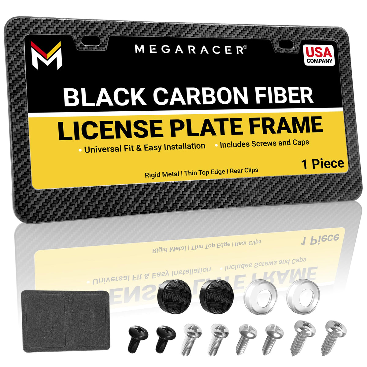 Mega Racer front view of license plate frame showing sleek carbon fiber look and fit