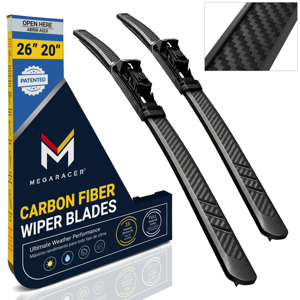 Mega Racer front packaging showing included 26" and 20" blades and benefits