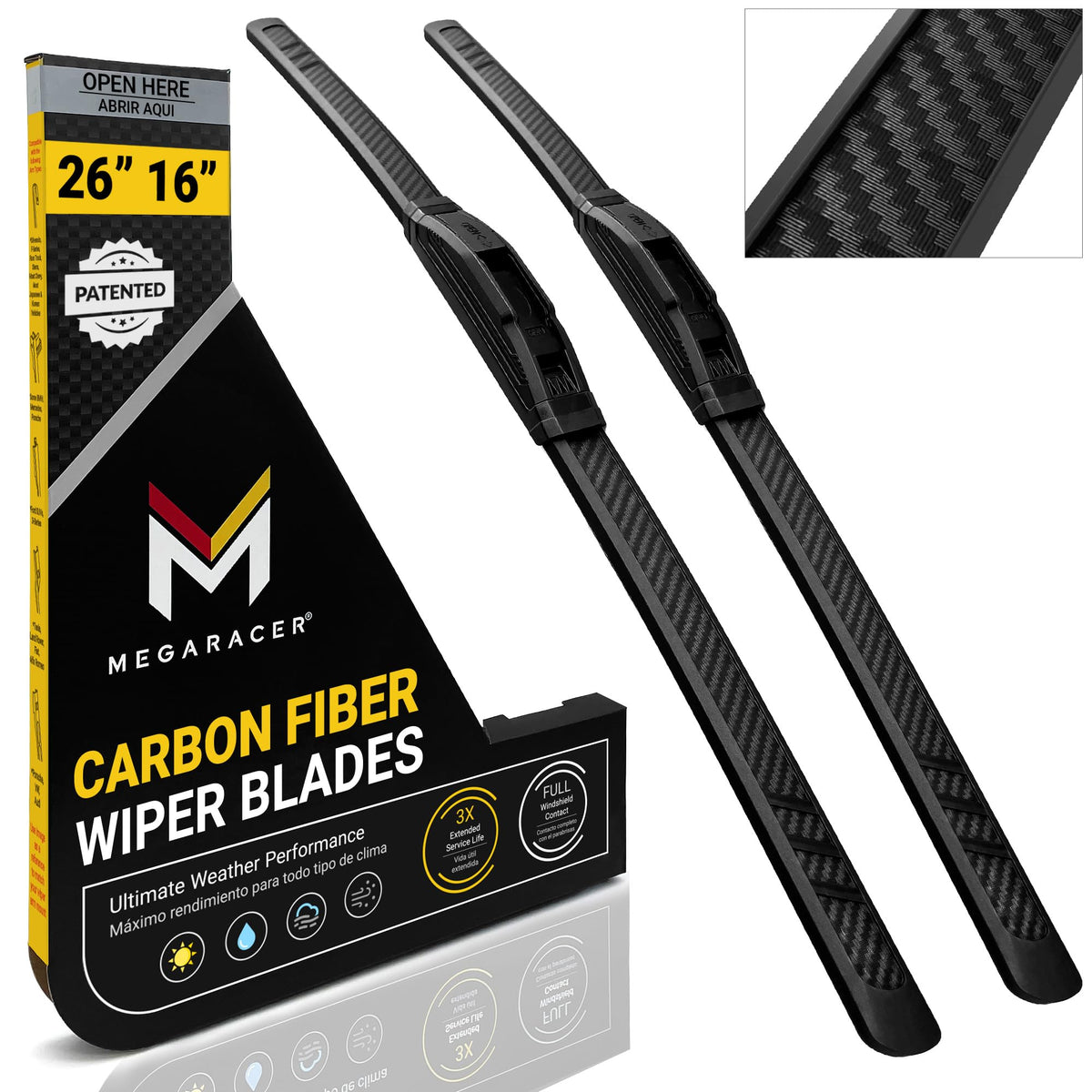 Mega Racer front packaging showing blade sizes and benefits