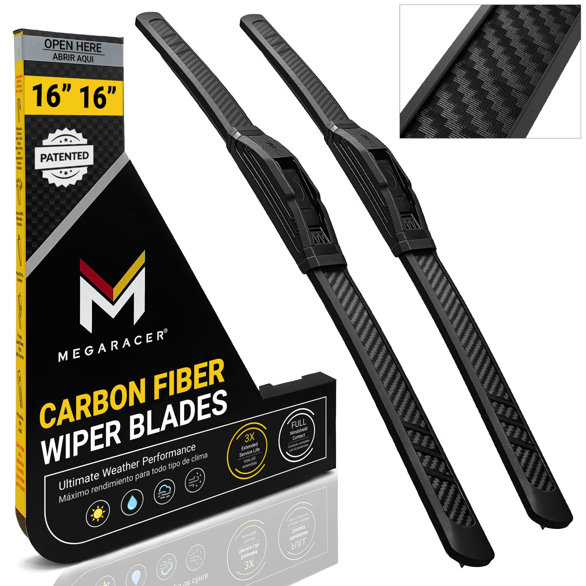Mega Racer front packaging showing 16 inch blades and model fit benefits