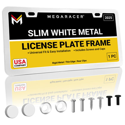 Mega Racer front view of glossy white license plate frame, sleek modern upgrade