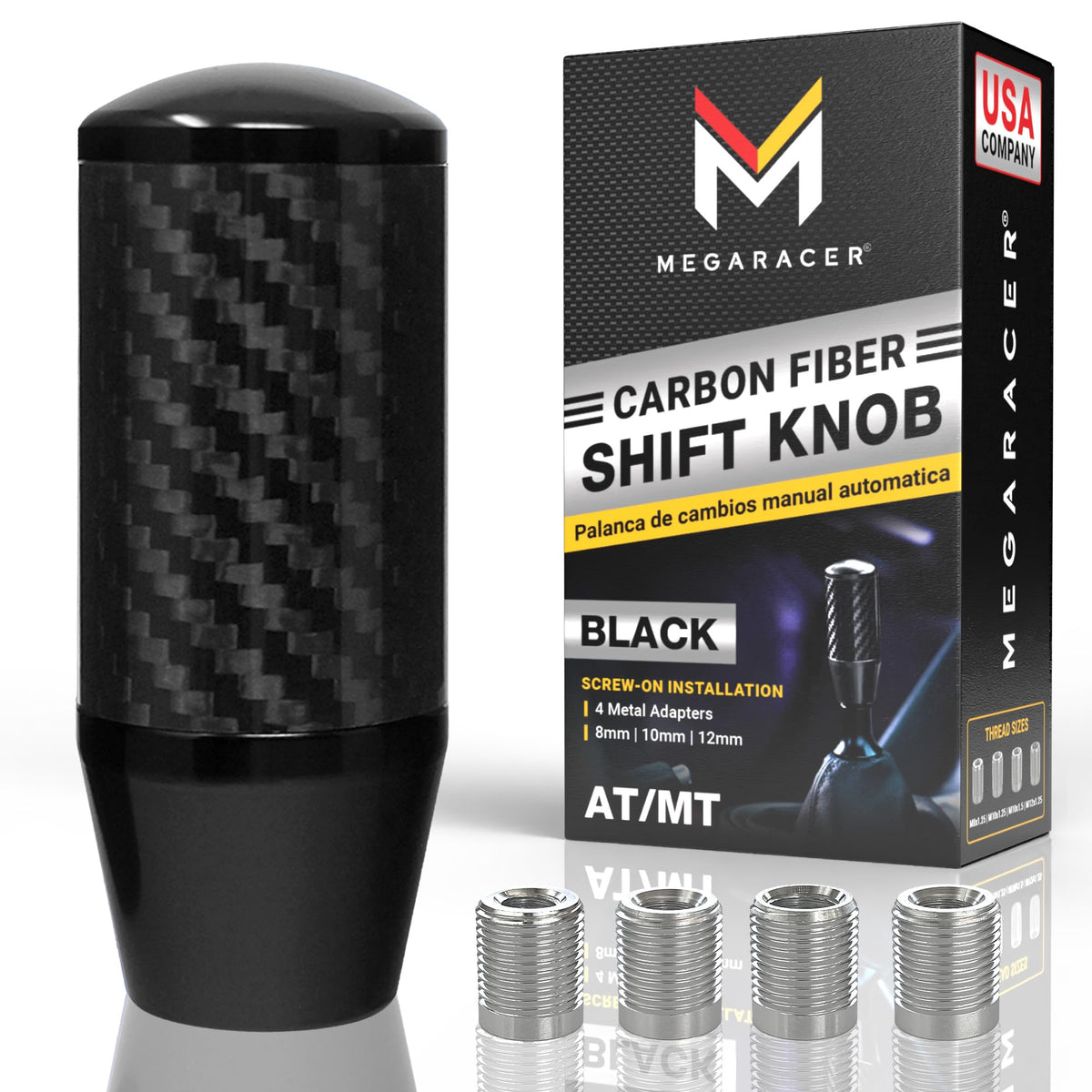 Mega Racer front view of black carbon fiber knob showing glossy JDM styling and stronger shifts