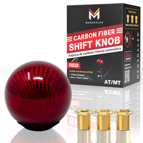Mega Racer front view of red carbon ball knob showing vibrant weave and finish