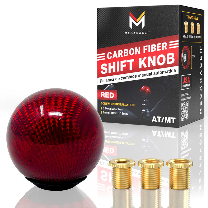 Mega Racer front view of red carbon ball knob showing vibrant weave and finish