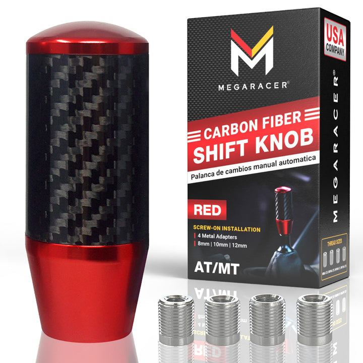Mega Racer front view of red carbon shift knob showing racing look and improved control