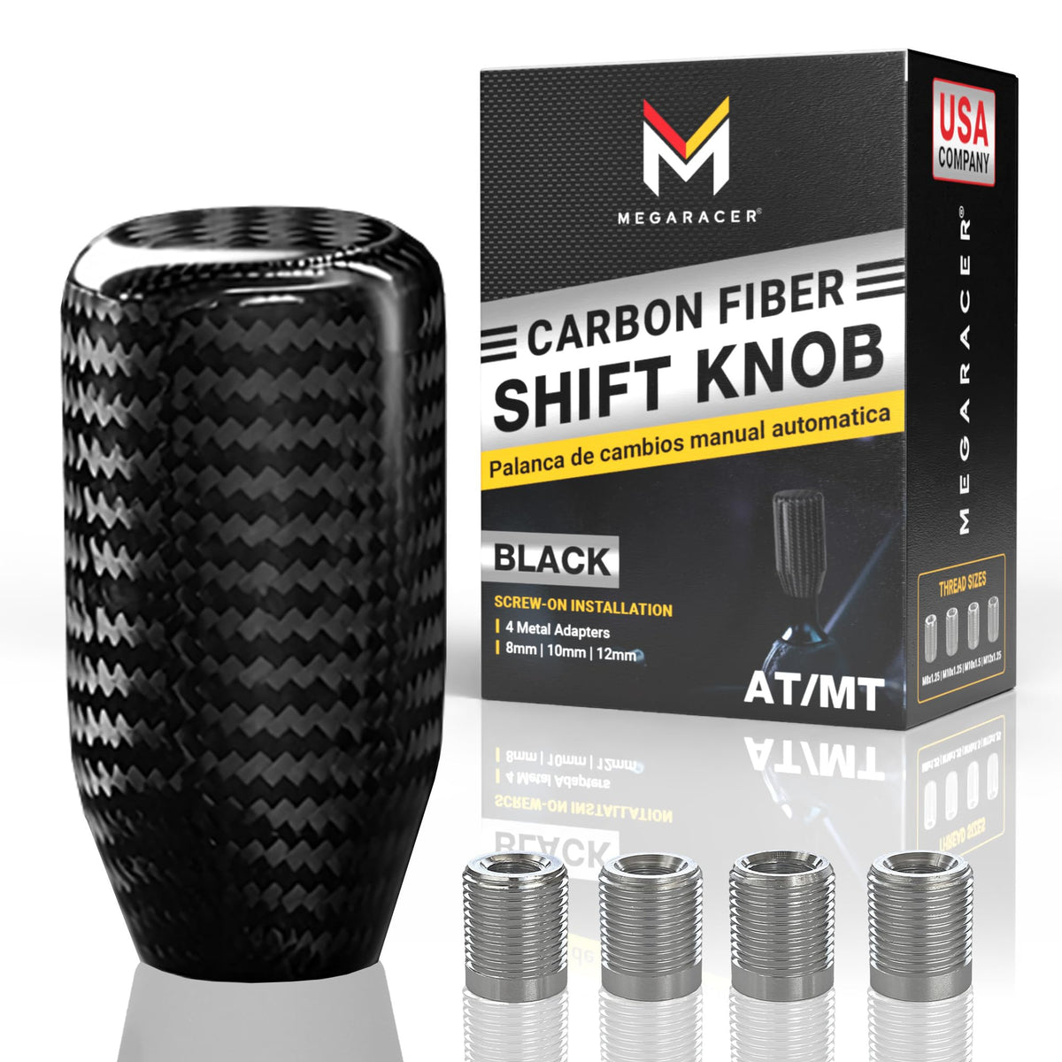 Mega Racer front view of carbon fiber shift knob showing glossy finish and JDM style benefit