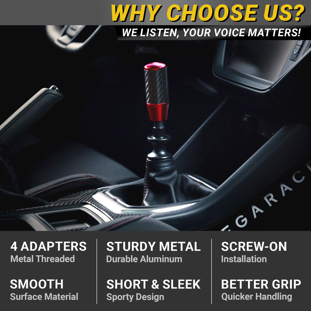 Mega Racer installed on a car shifter demonstrating quick upgrade and driving comfort