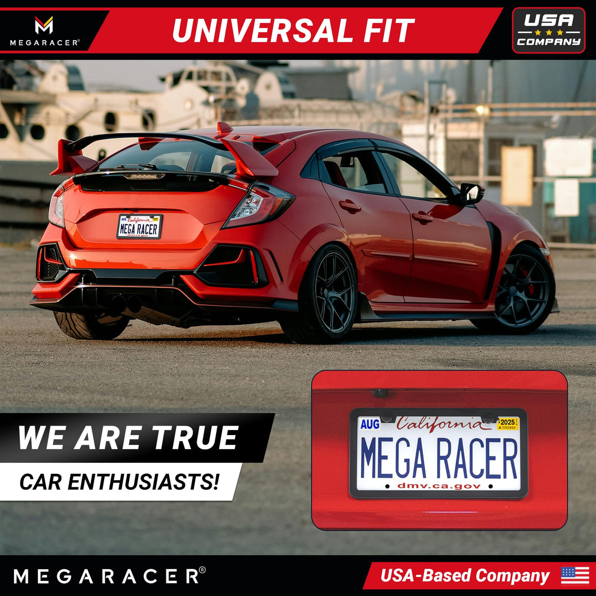Mega Racer installed on vehicle front demonstrating unobstructed plate visibility