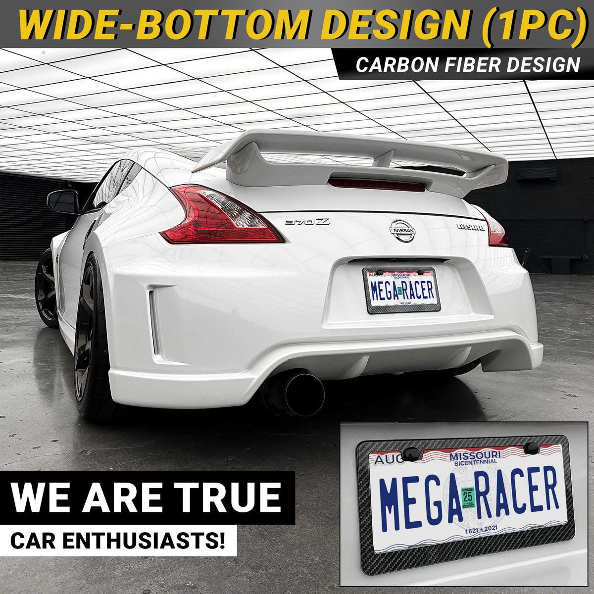 Mega Racer frame installed on car rear demonstrating preserved registration visibility