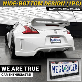Mega Racer frame installed on car rear demonstrating preserved registration visibility