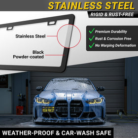 Mega Racer license frame installed on sedan bumper for seamless vehicle styling