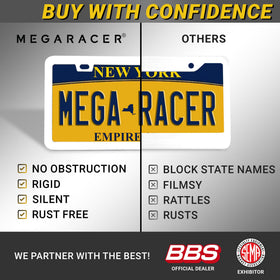Mega Racer back label on stainless steel confirming rust-free durability