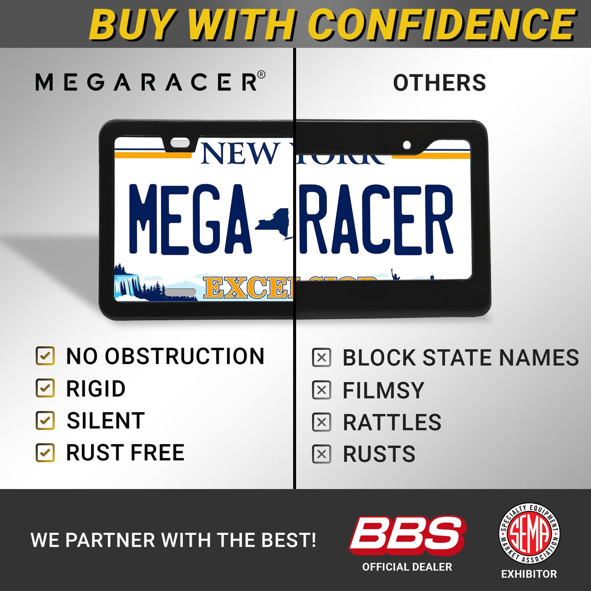 Mega Racer next to standard license plate showing exact 12.3 x 6.4 inch fit