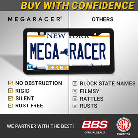 Mega Racer next to standard license plate showing exact 12.3 x 6.4 inch fit
