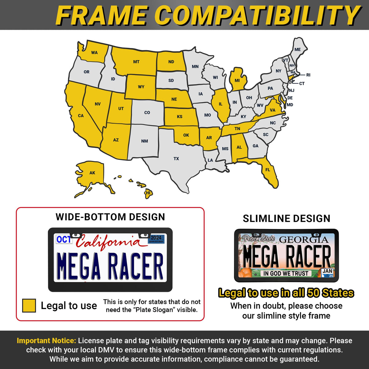 Mega Racer frame next to ruler showing 6-3/8 x 12-1/4 inch fit for standard plates