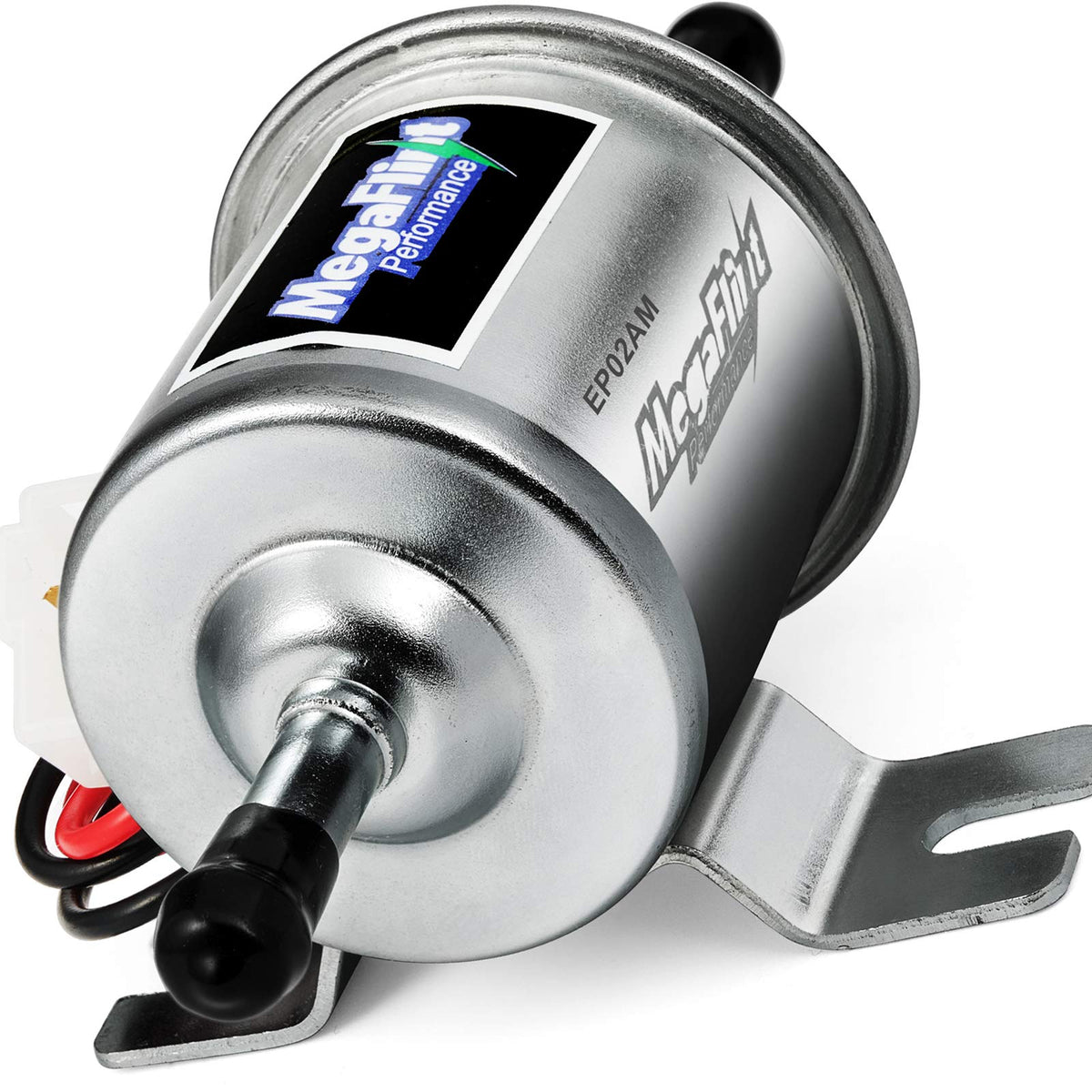 Megaflint front view of inline fuel pump showing compact housing and connectors, reliable feed