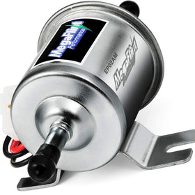 Megaflint front view of inline fuel pump showing compact housing and connectors, reliable feed