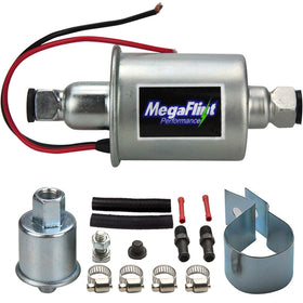 Megaflint front view of inline fuel pump showing compact durable housing and reliability