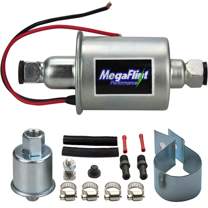 Megaflint front view of inline fuel pump showing compact durable housing and reliability