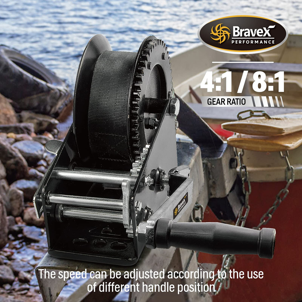 Megaflint winch next to common hand for scale showing compact portable size
