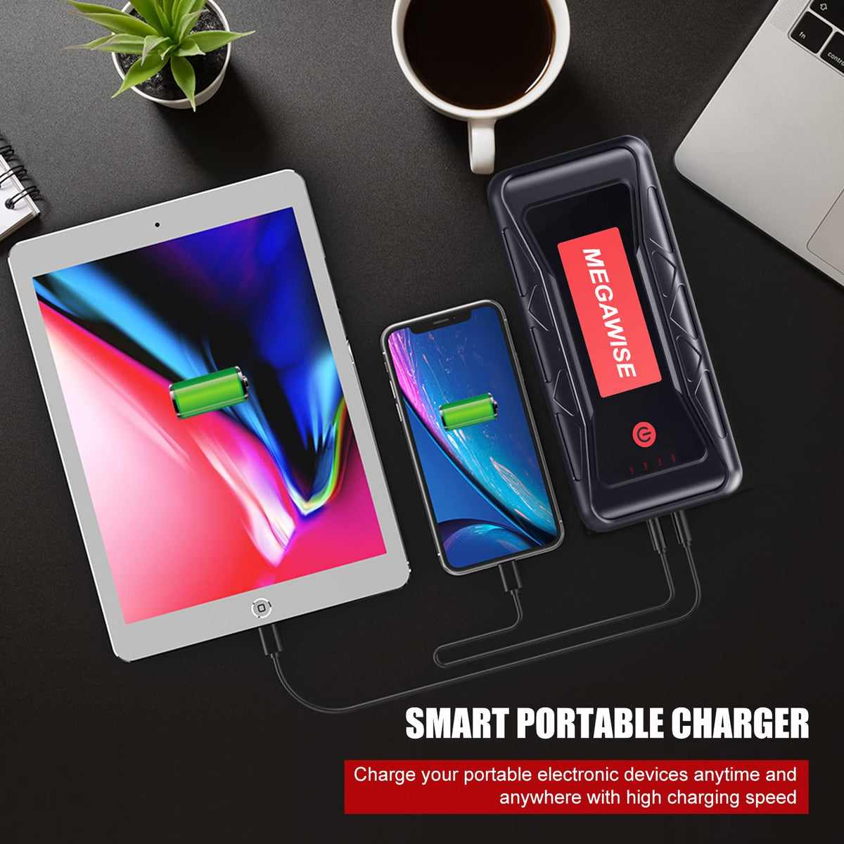 MEGAWISE jump starter connected to car battery demonstrating fast engine restart capability