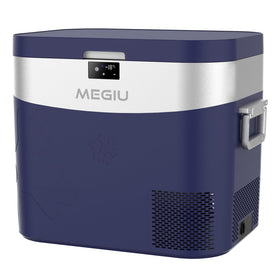 Megiu front view of blue portable fridge showing compact design and benefit of space saving