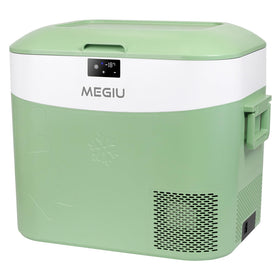 Megiu front view with lid open showing compact fridge interior and portability benefits