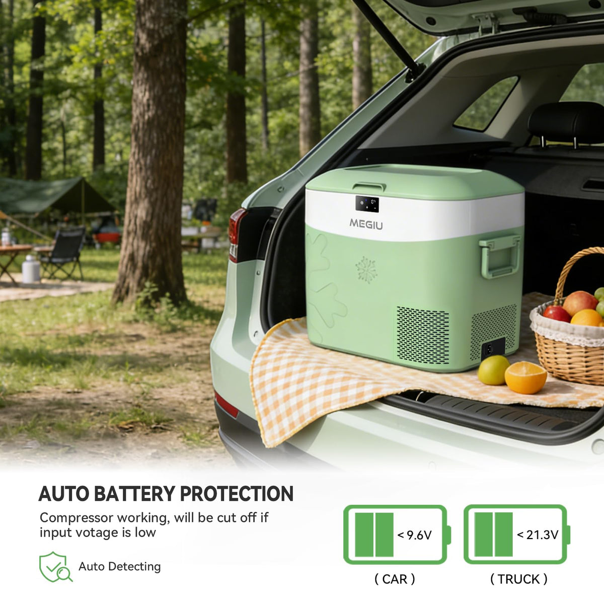 Megiu at campsite with gear demonstrating reliable outdoor cooling convenience