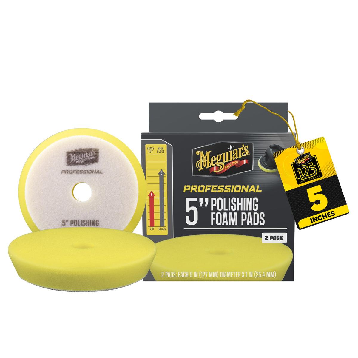 Meguiar's 5-inch polishing pad front packaging showing professional performance
