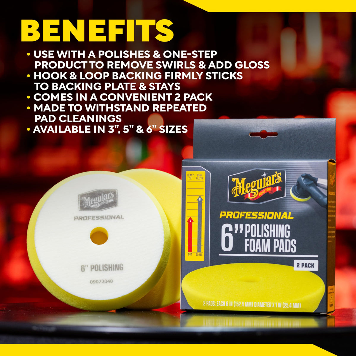 Meguiar's pad polishing a car hood showing improved gloss and reflective finish