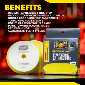 Meguiar's pad polishing a car hood showing improved gloss and reflective finish