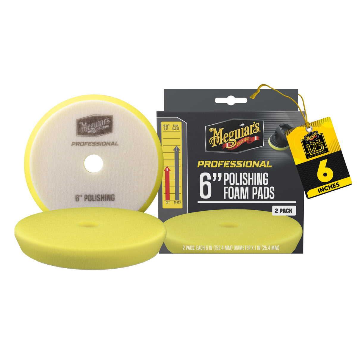 Meguiar's packaged 6-inch polishing pad showing product ready for use and storage benefits