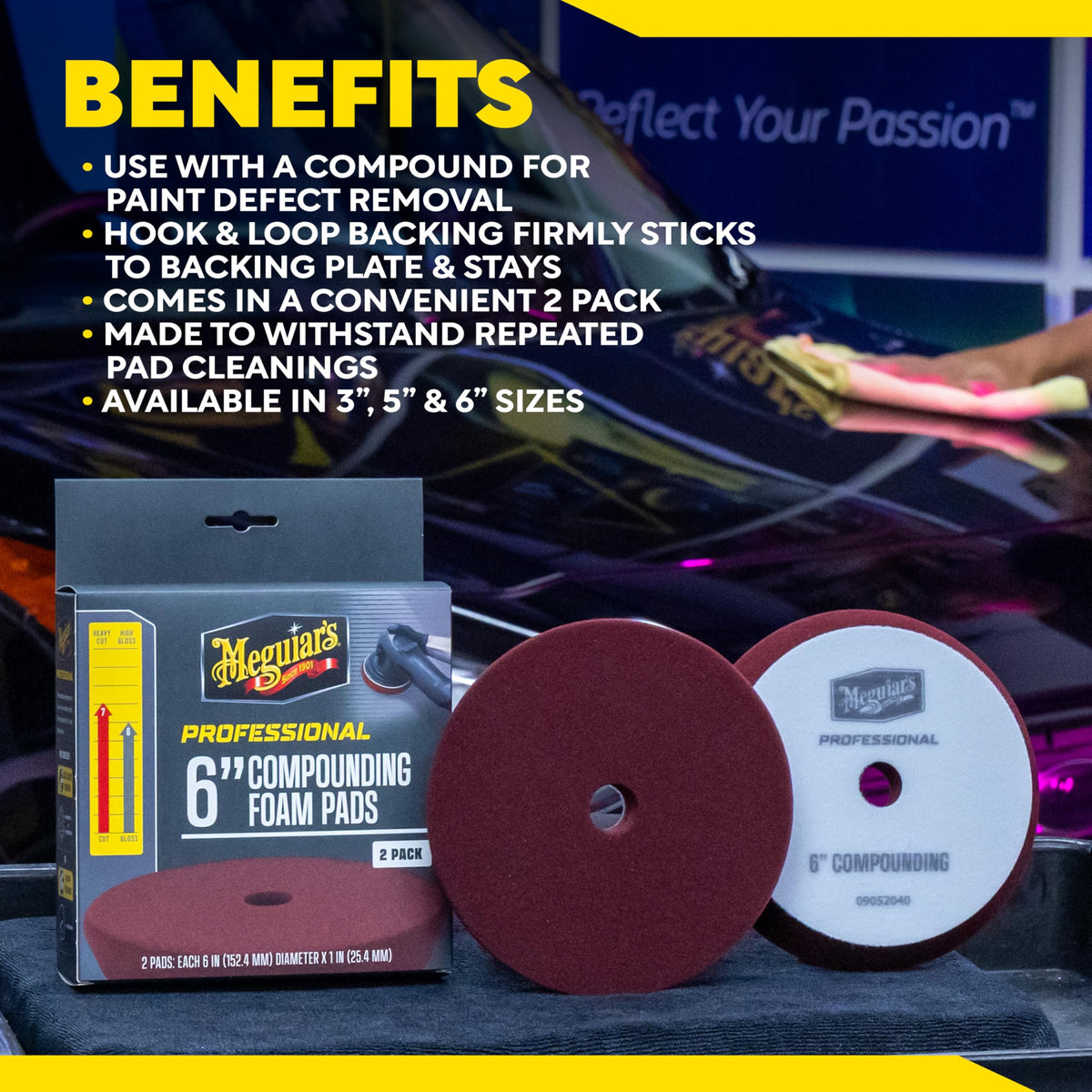 Meguiar's before-and-after correction panel showing deep swirl removal and improved clarity